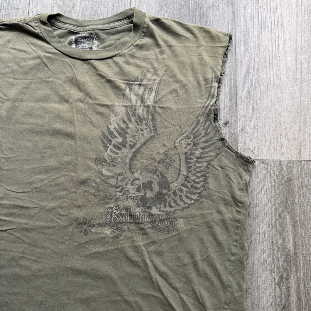 Y2K Billabong Mens L Olive Green Cutoff Tank Skull Graphic VTG Surf Skate Tee